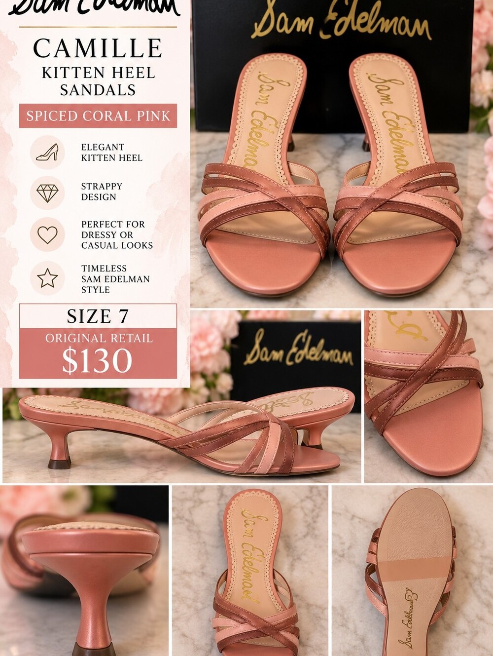 Sam Edelman Spiced Coral Pink Strappy Kitten Heel Sandals NIB